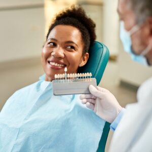 woman looking at dentist