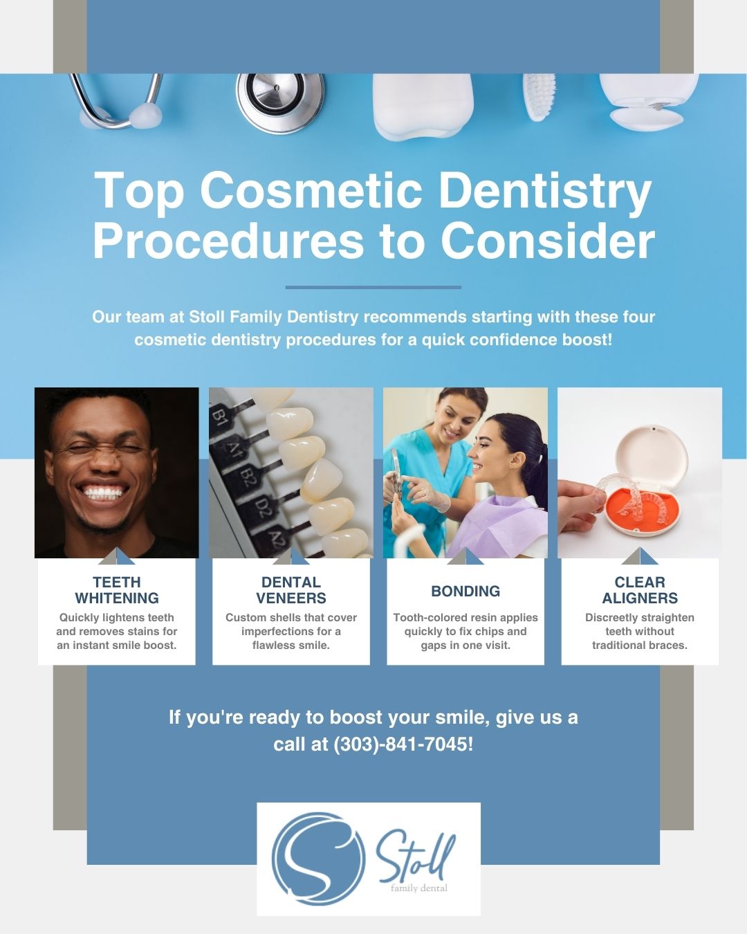 an infographic highlighting four cosmetic dentistry procedures