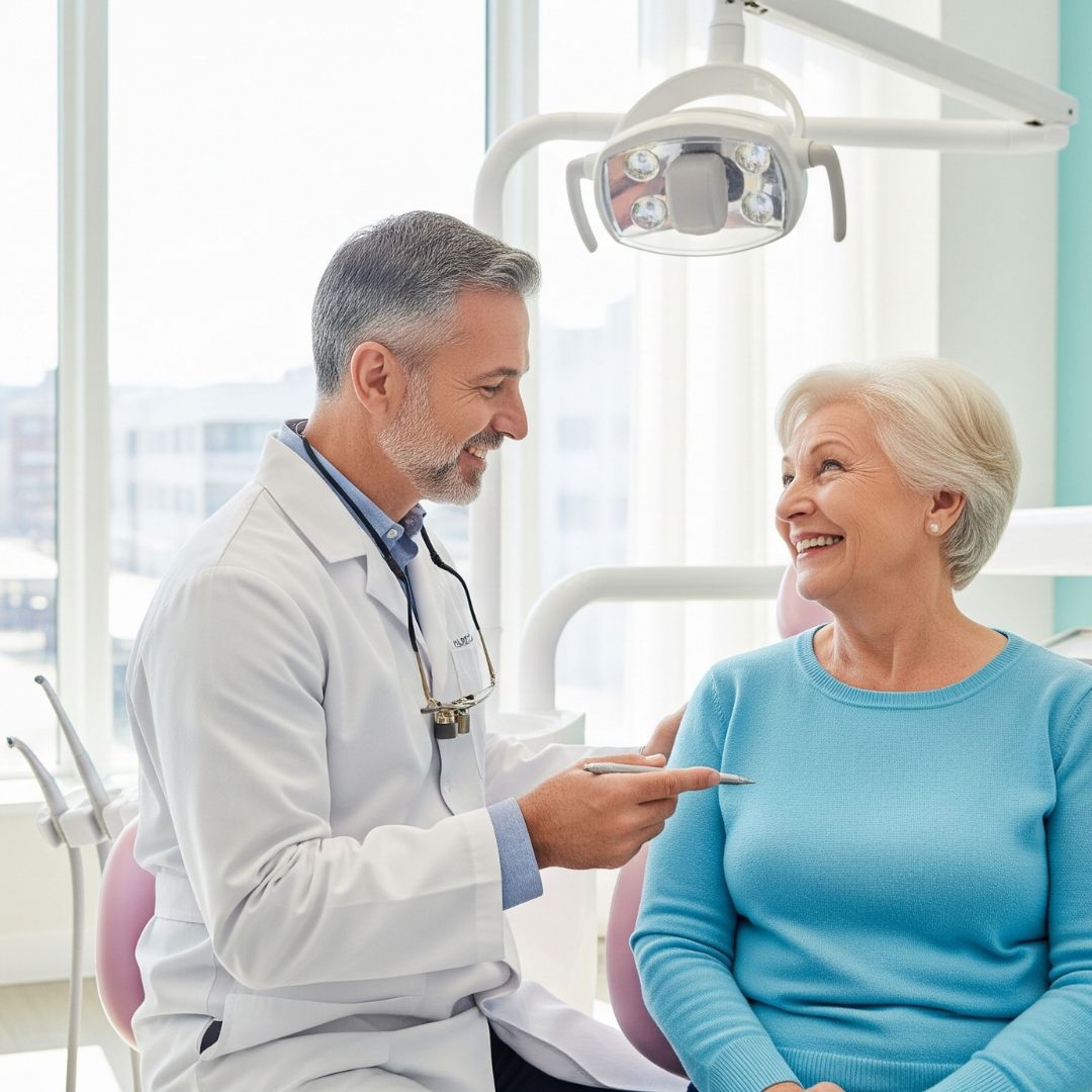 A dentist at Stoll Family Dentistry smiling with a senior patient.