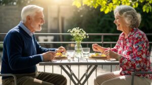 A happy senior couple enjoying a meal together, smiling.