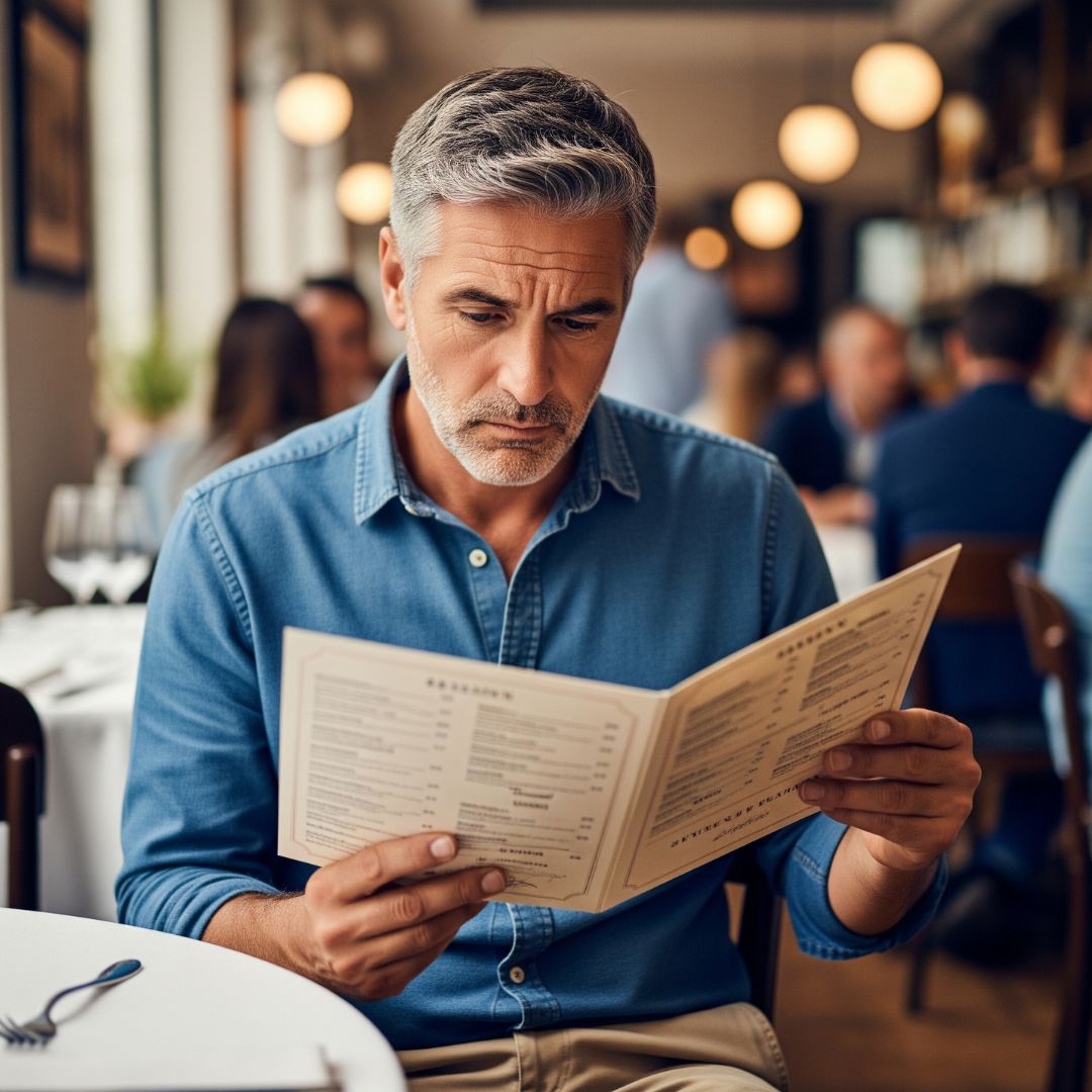 A man looking at a menu with a look of frustration.