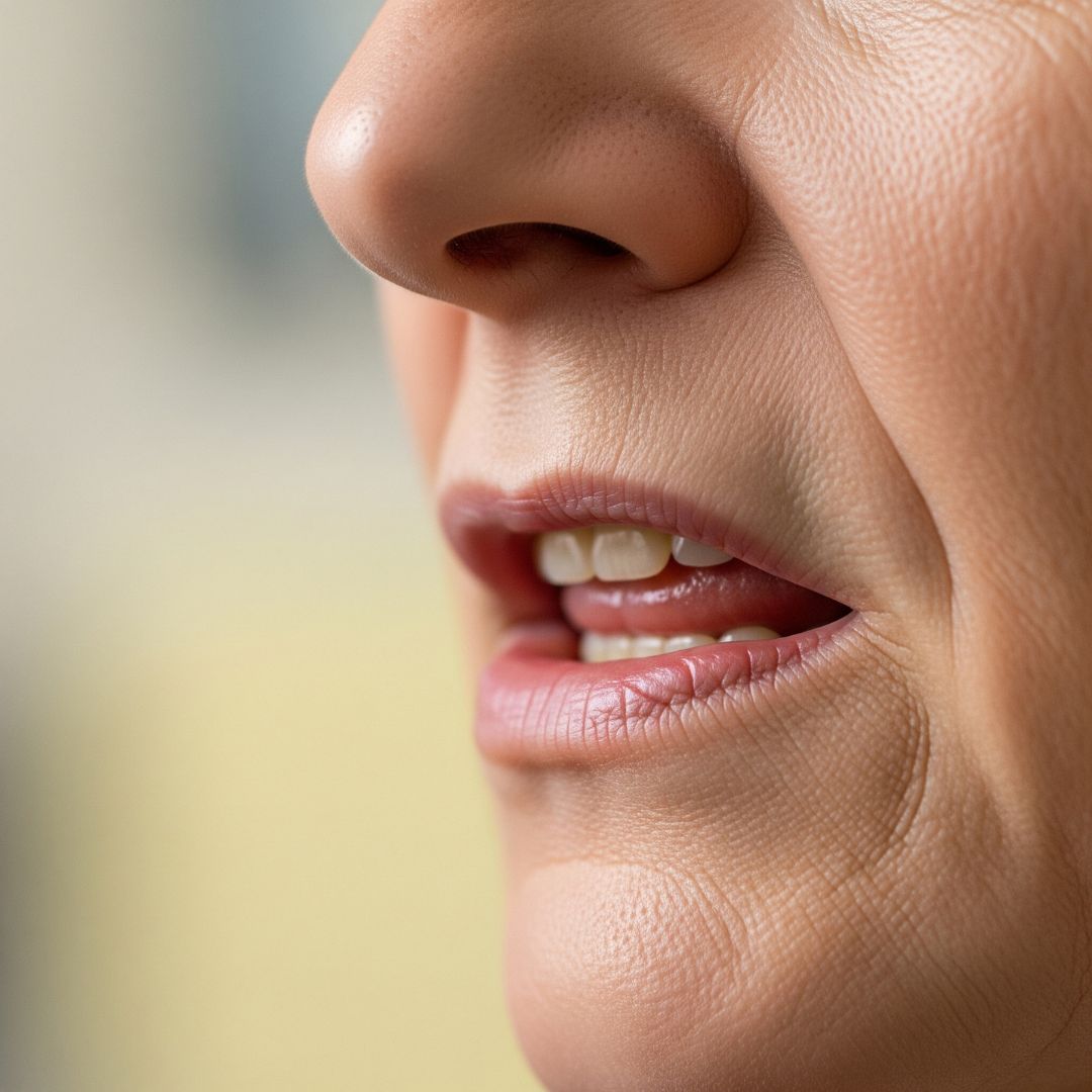 A close-up of a person's mouth as they practice speaking.