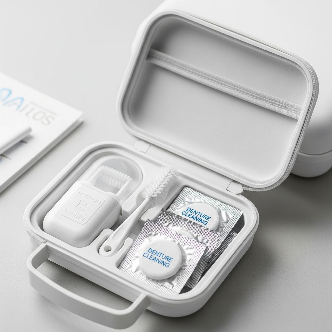 A complete denture care kit with a case, brush, and cleaning tablets.