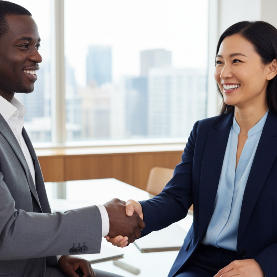 Two diverse professionals shaking hands and smiling