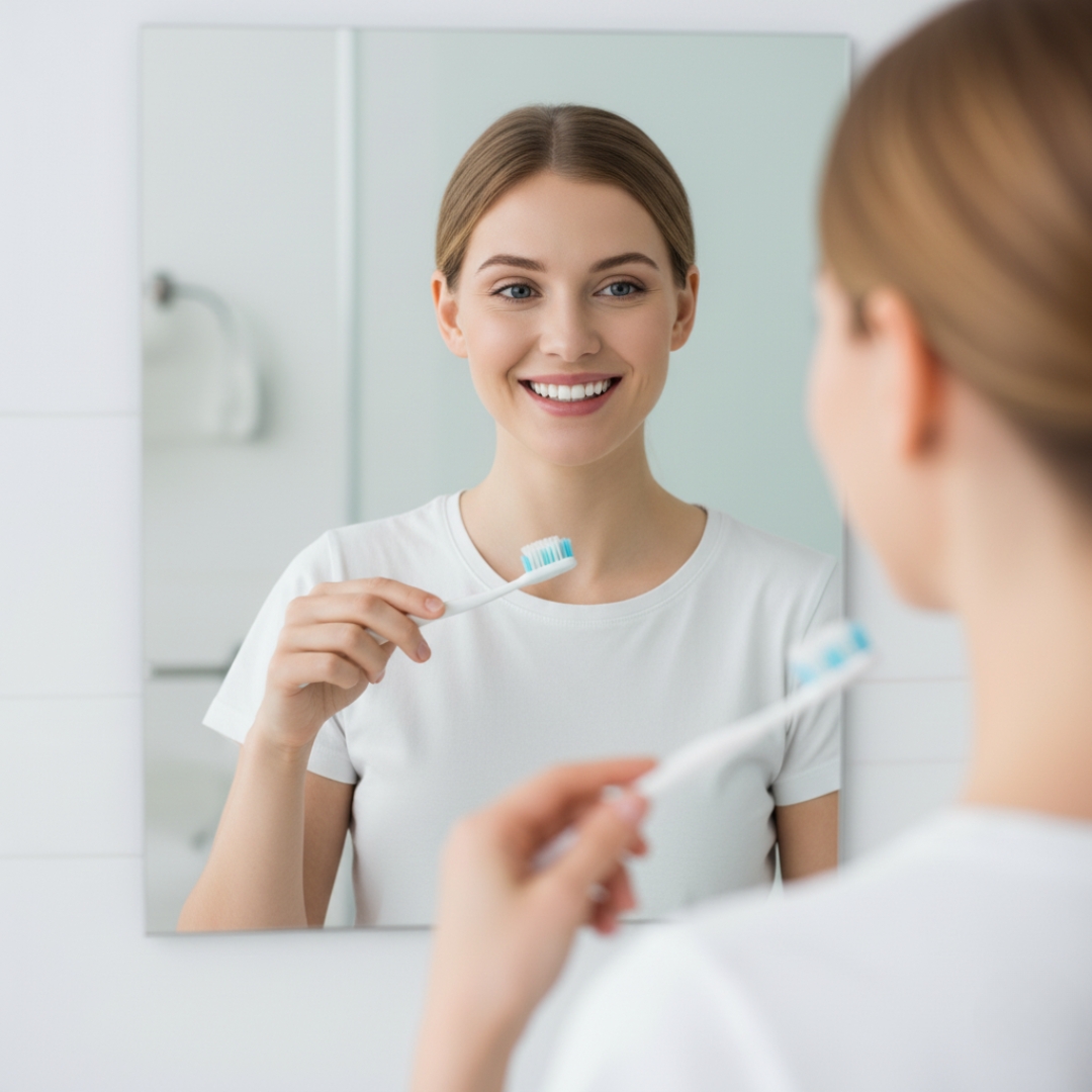 A person confidently holding a toothbrush, looking in a mirror
