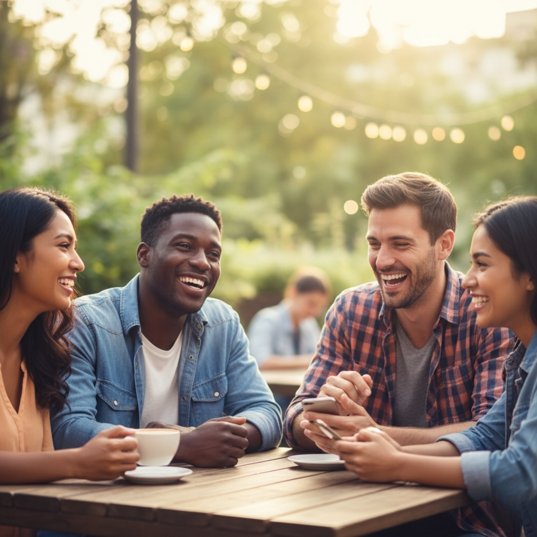 A diverse group of friends smiling and enjoying each other's company at a cafe
