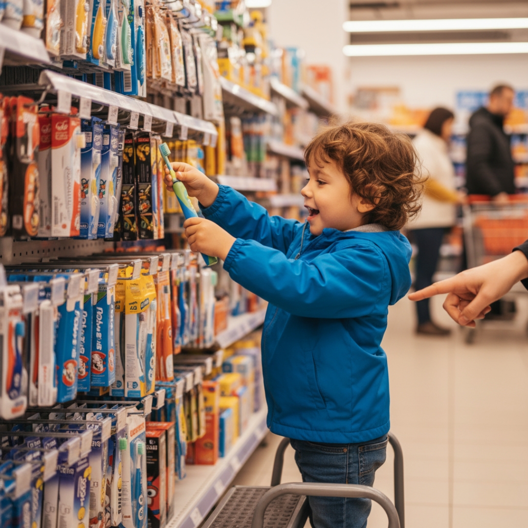 child in a blue jacket reaches for a toothbrush on a store shelf