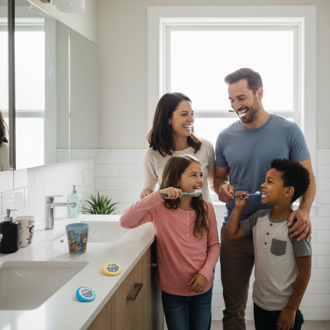 family of four happily brushes their teeth together