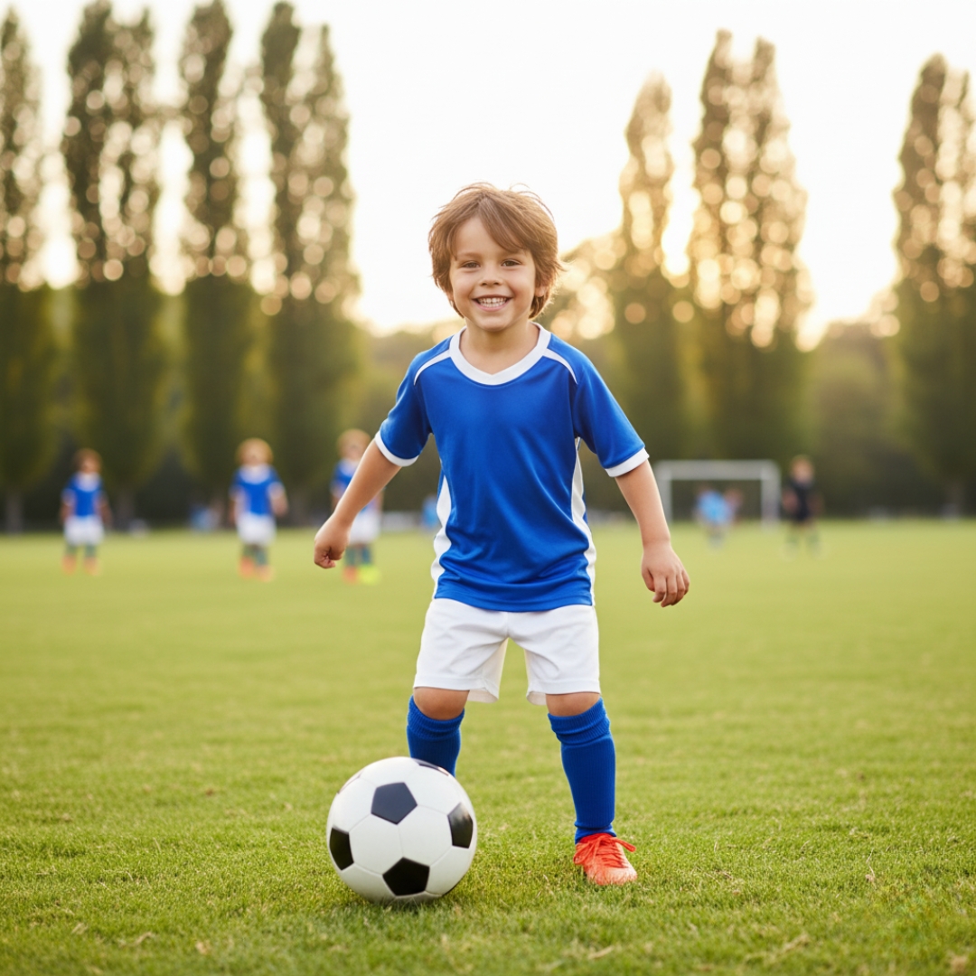 young boy in a blue soccer uniform smiles confidently on a grassy field with a ball at his feet