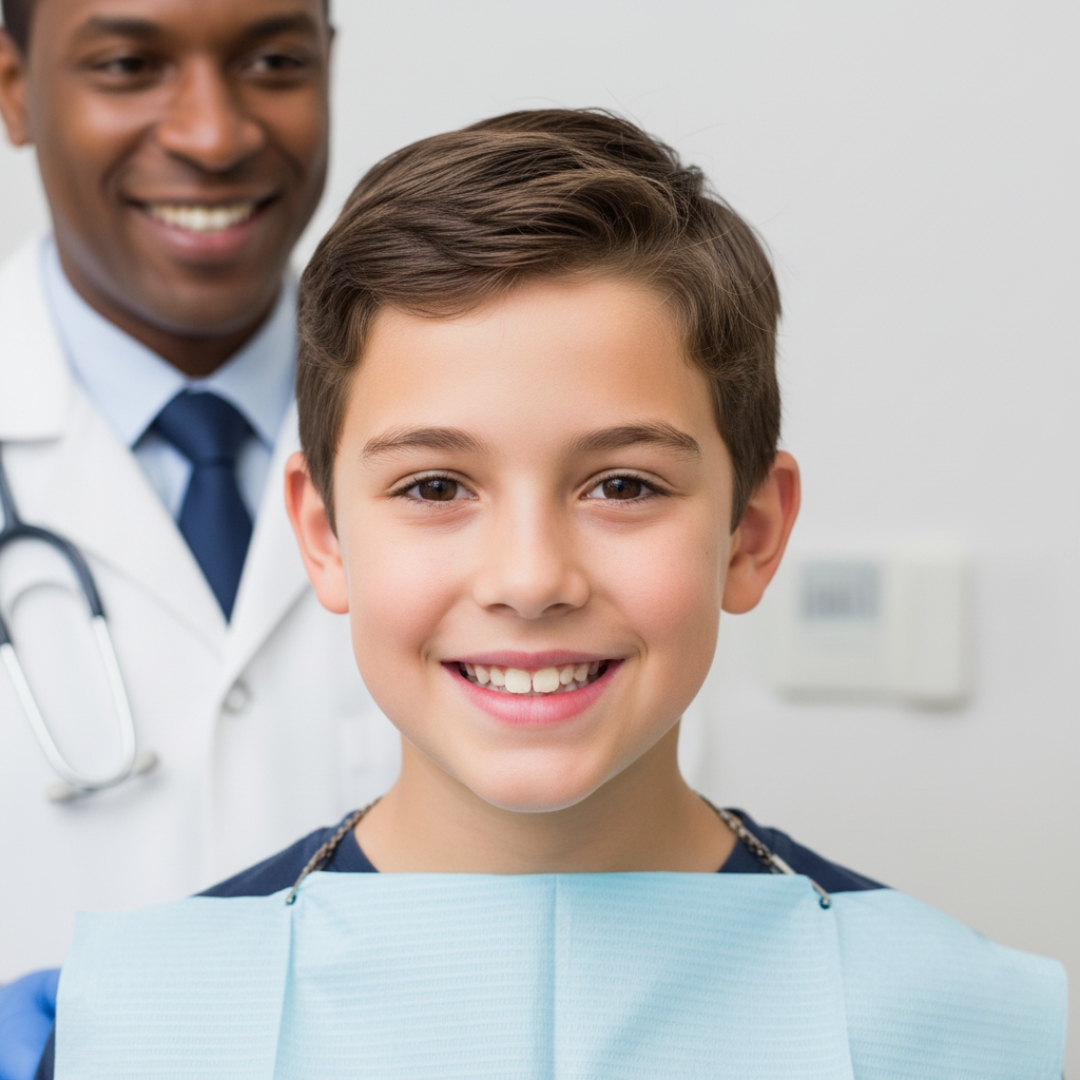 A young boy with a bright, healthy smile sits in a dental chair, with a smiling male dentist standing behind him.