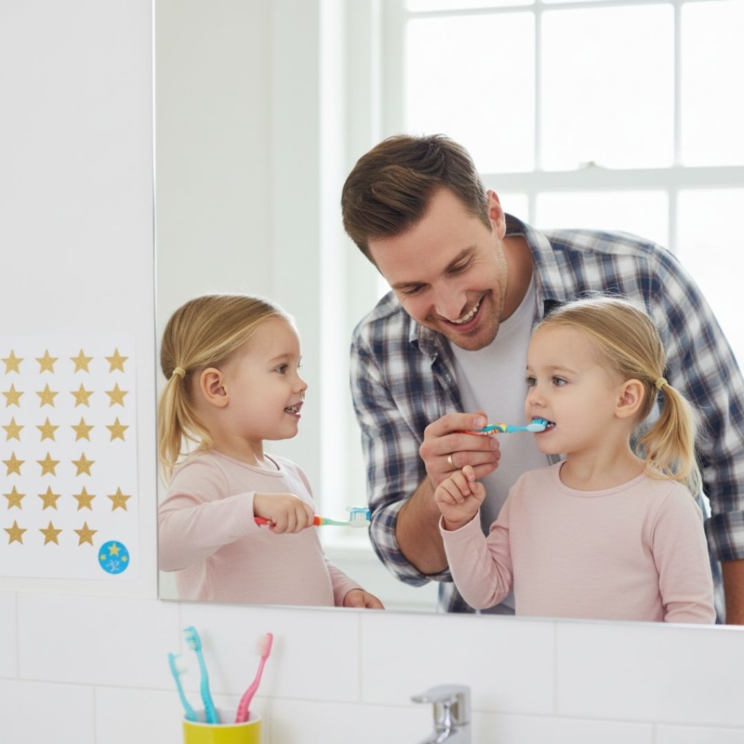 dad brushing twin's teeth at home