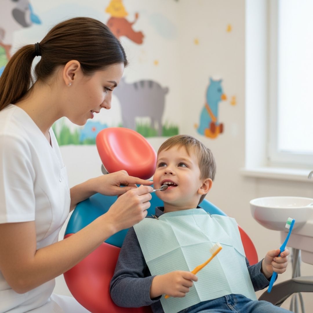 dentist looking at child's teeth