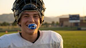 Young football player wearing a custom mouthguard near Parker Fieldhouse.