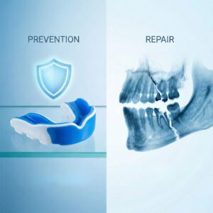 Graphic showing custom mouthguard protection preventing dental injury.