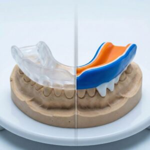 Comparison of bulky store-bought mouthguard vs sleek custom dental mouthguard.